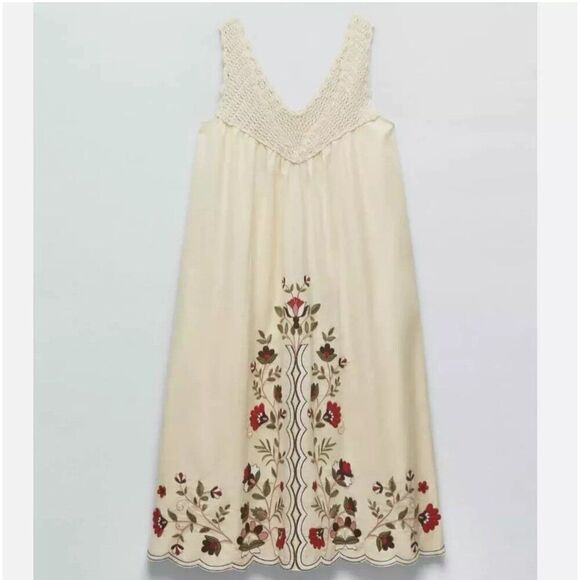 Zara Womens Embroidered Dress Size S Beige Ivory Crochet Floral 6895/003 NWT - Picture 3 of 16
